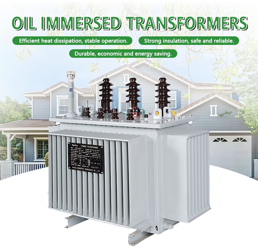 Primary product photograph of a 50KVA oil immersed transformer in an industrial setting.