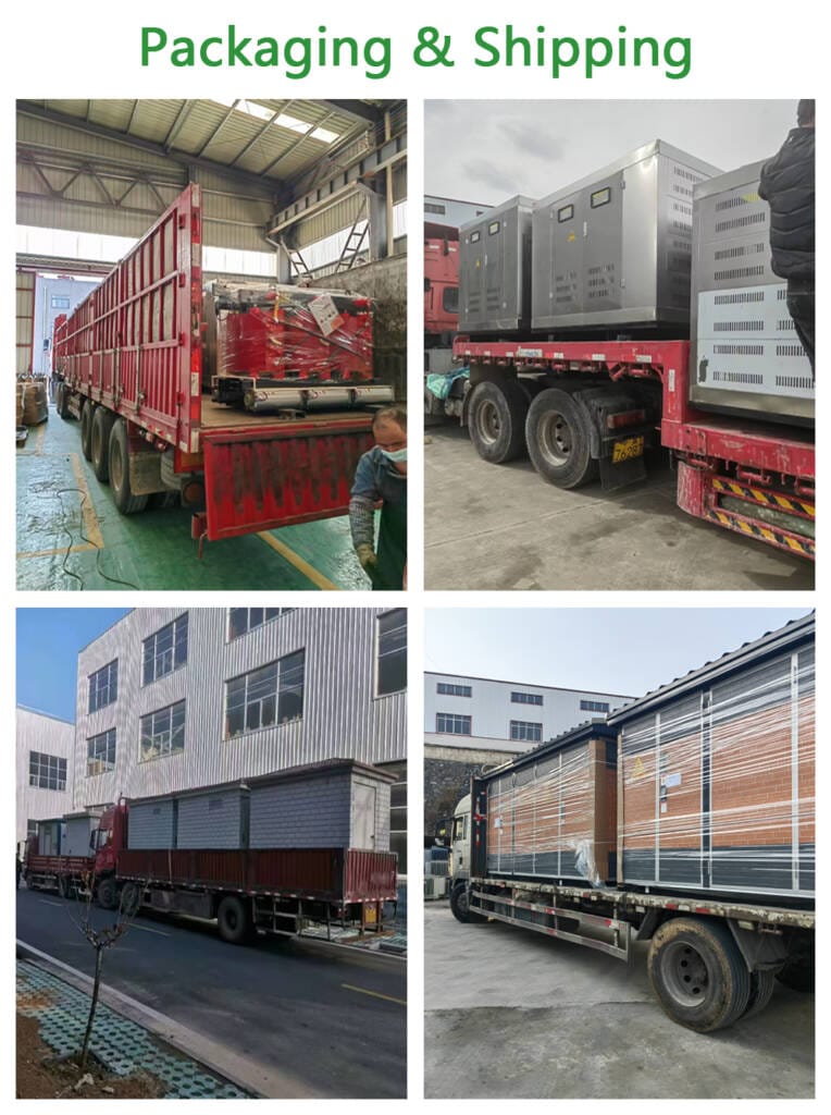 Collage displaying the robust packaging process and secure loading of the 800KVA European Box Type Substation for ocean freight.