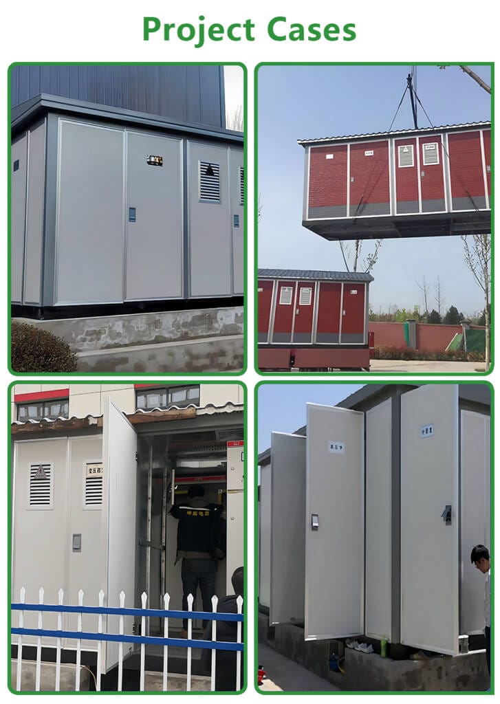 Collage of real-world installation sites showcasing the 315KVA European Box Type Substation in various project applications.