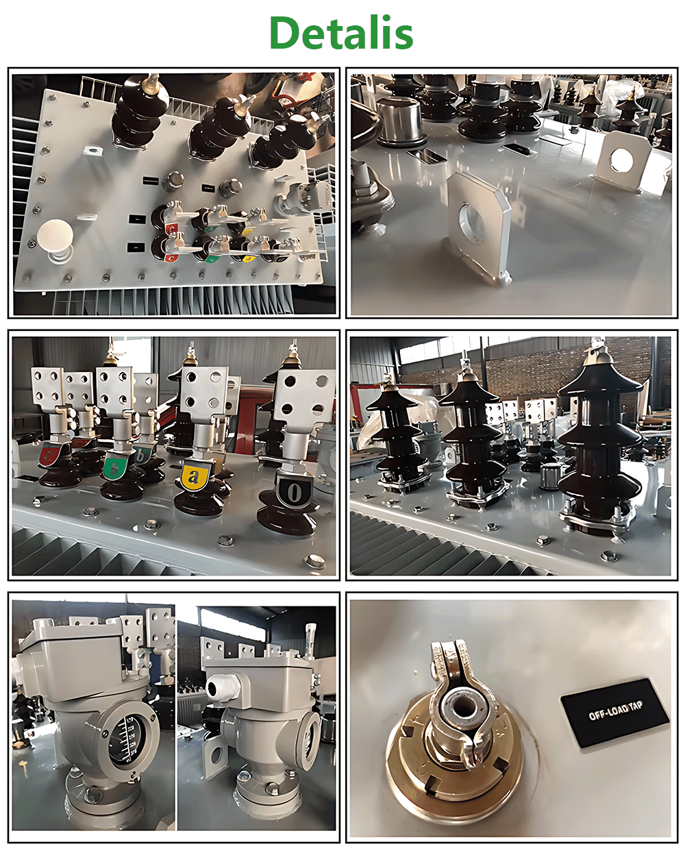 A collage of close-up images highlighting the fine craftsmanship of an 800KVA oil immersed transformer's core, windings, and bushings.