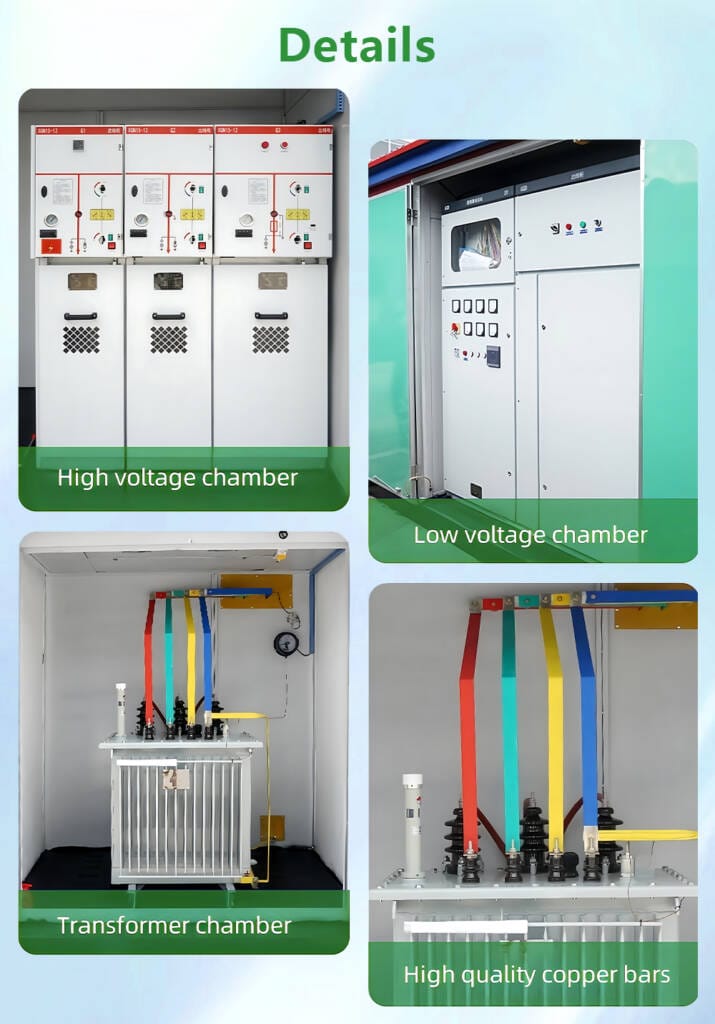 Detailed collage of the 315KVA European Box Type Substation interior, showing the High Voltage Chamber, Transformer Chamber, Low Voltage Chamber, and High-Quality Copper Bars.