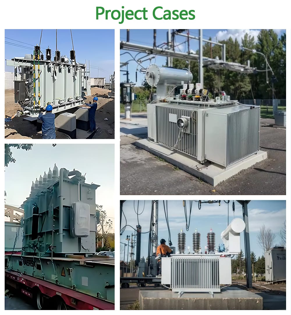 A collage of real-world installation sites featuring the 200KVA oil immersed transformer.