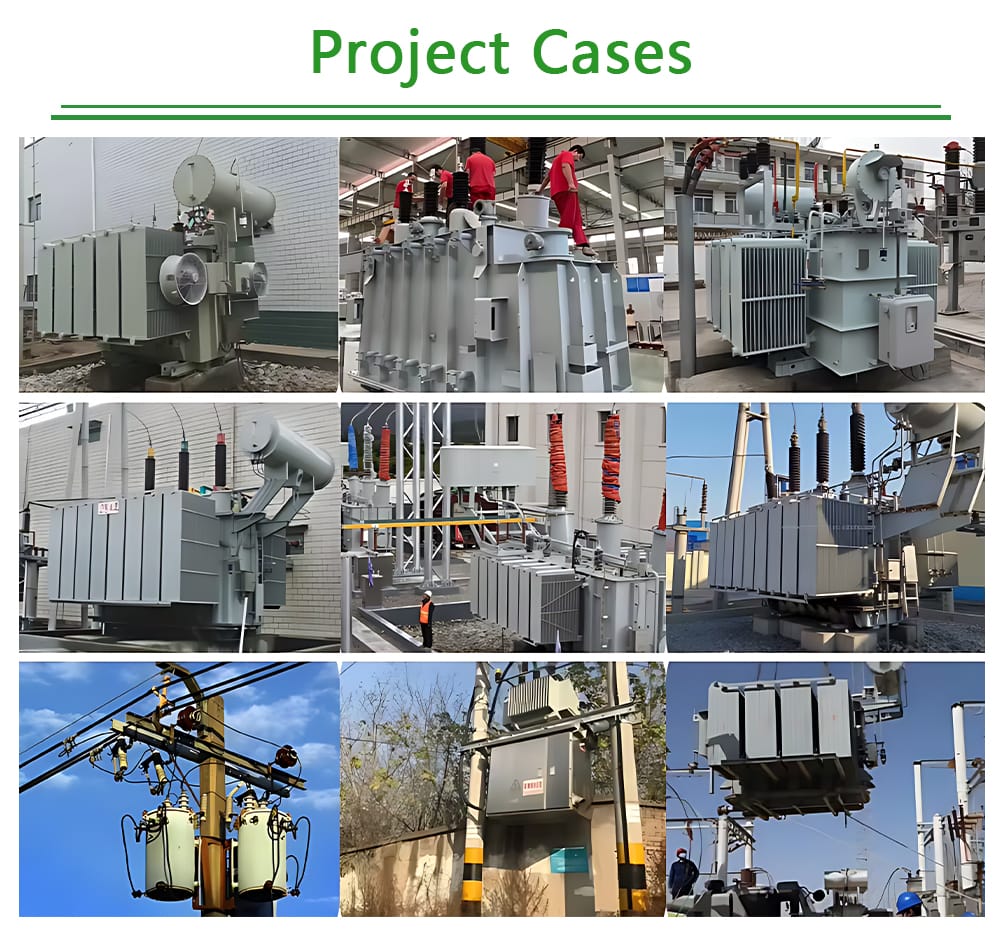 Collage of real-world installation projects using the 50KVA oil immersed transformer.
