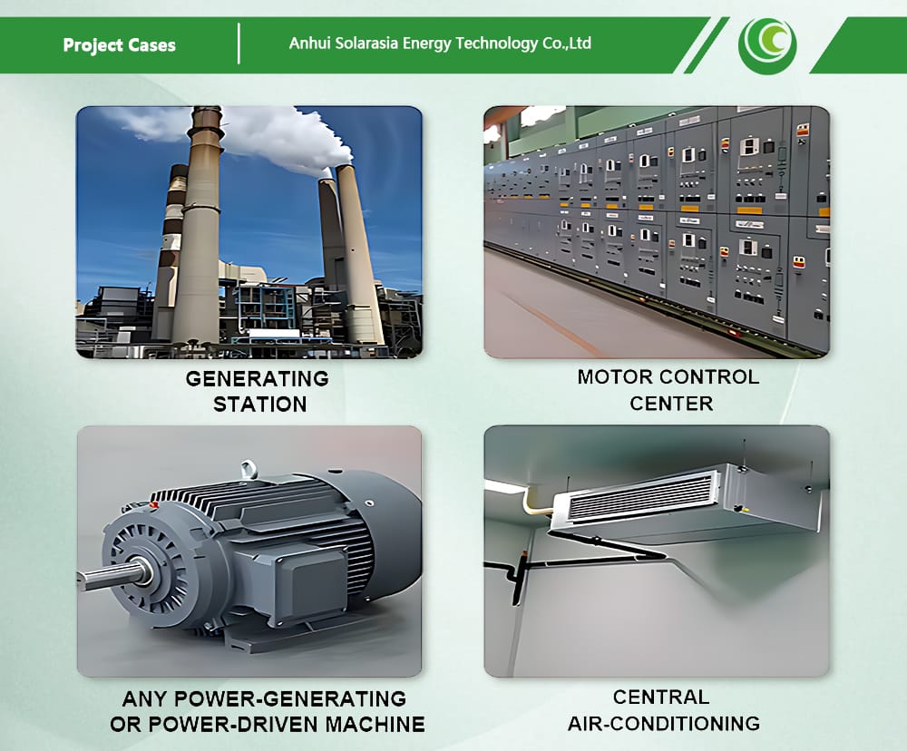 Application collage of the 500KVA European Box Type Substation in power generation plants, motor control centers, and industrial settings.