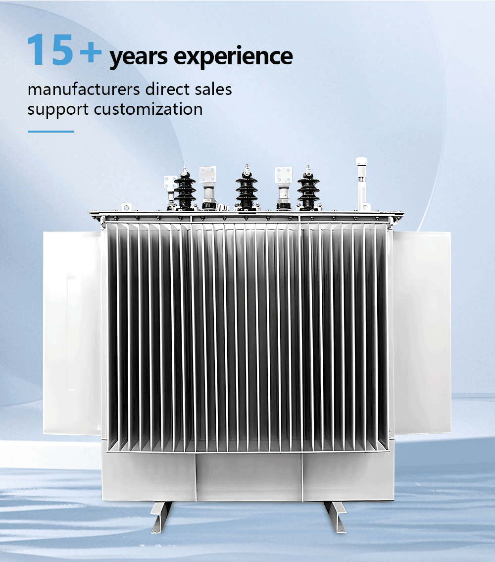 Professional industrial photo of an 800KVA oil immersed transformer unit, showcasing its robust tank, radiators, and bushings.