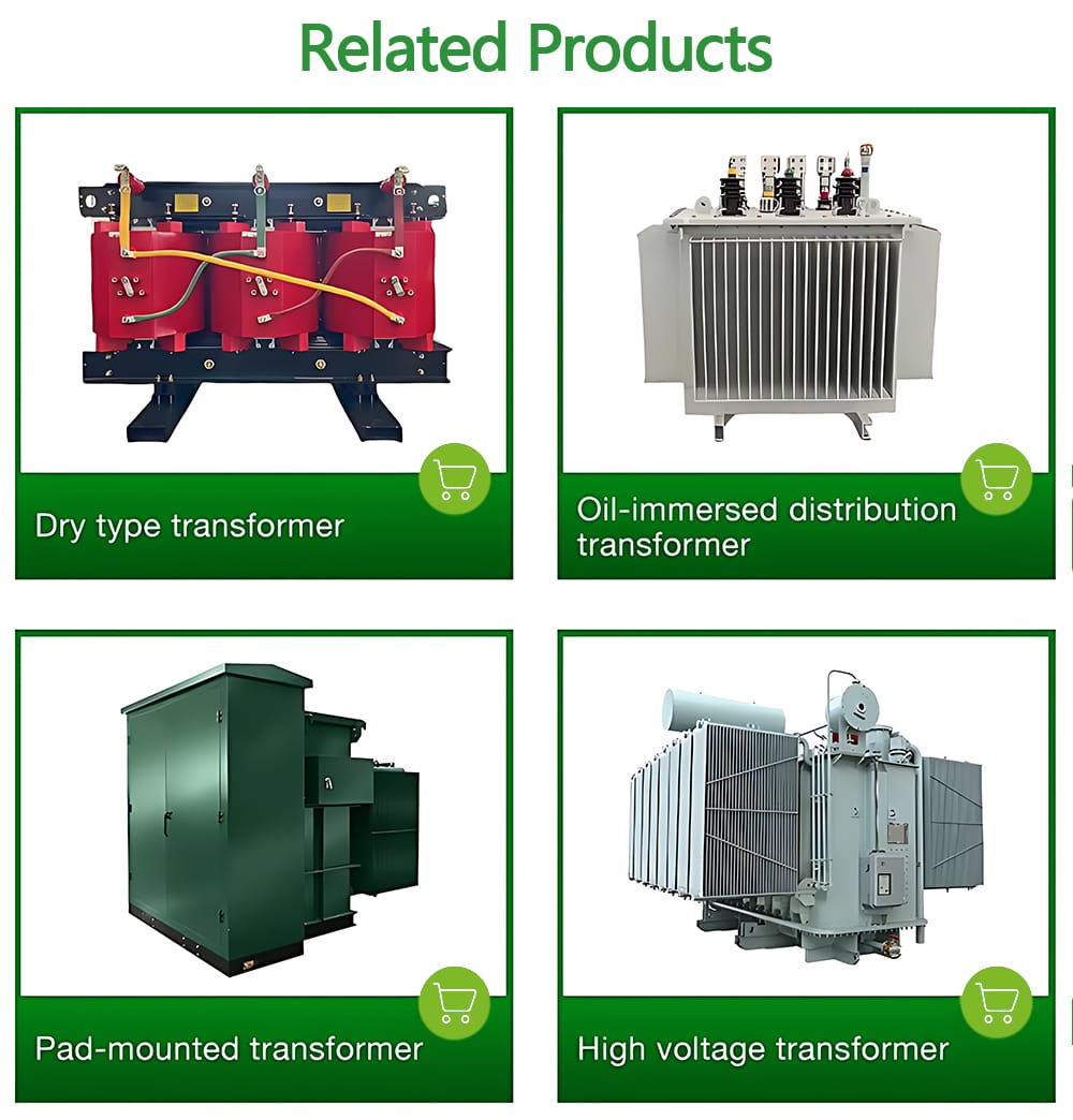 A grid showing different transformer types like dry-type and pad-mounted, including the 200KVA oil immersed transformer.