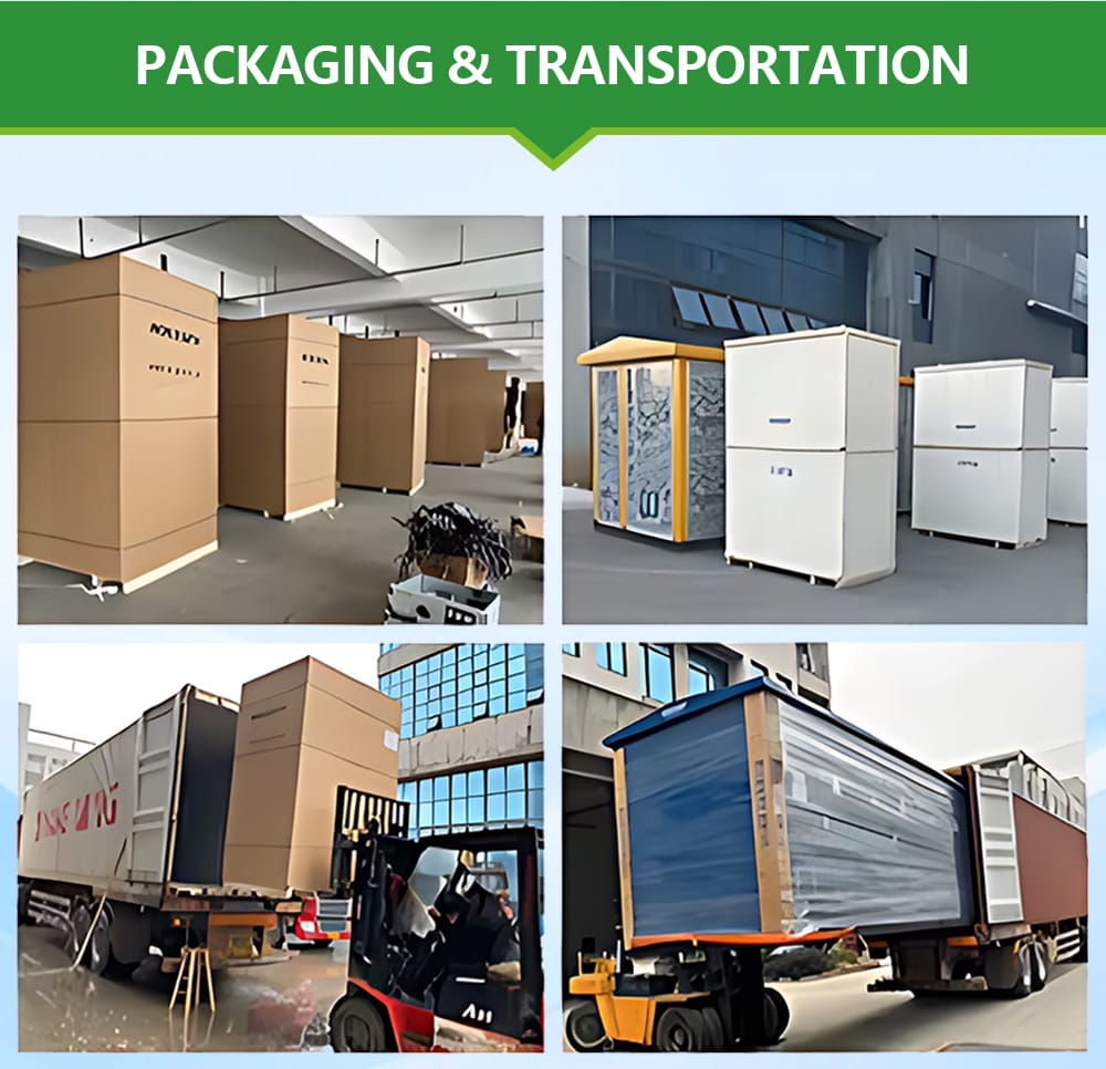 Collage depicting the robust, weather-proof packaging and secure loading process for the GCS switchgear units for international shipping.