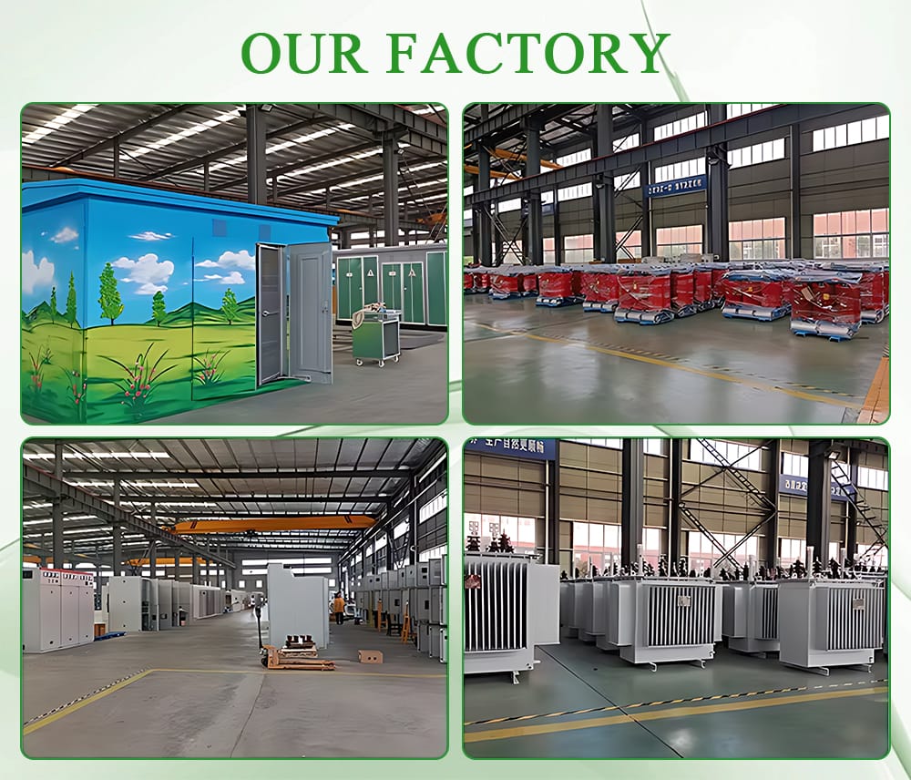Factory assembly line collage showing the production stages of a 1600KVA European Box Type Substation, from welding to wiring.