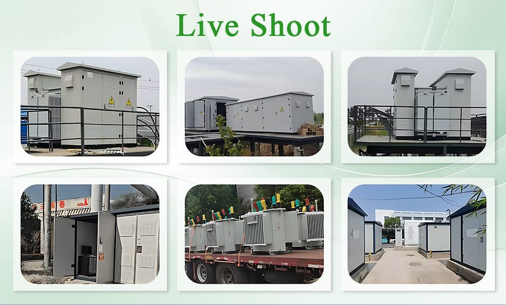 Collage of on-site photos showing the 400KVA European Box Type Substation being installed, wired, and commissioned by our technical team.