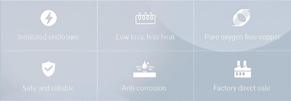 Infographic listing the key advantages of the 800KVA oil immersed transformer: Insulated enclosure, Safe and reliable, Low loss less heat, Anti-corrosion, Pure oxygen free copper, Factory direct sale.