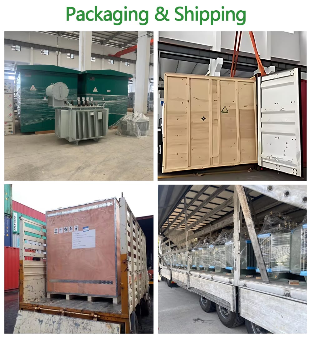 A composite image showing the custom packaging and shipping process for a 200KVA oil immersed transformer.