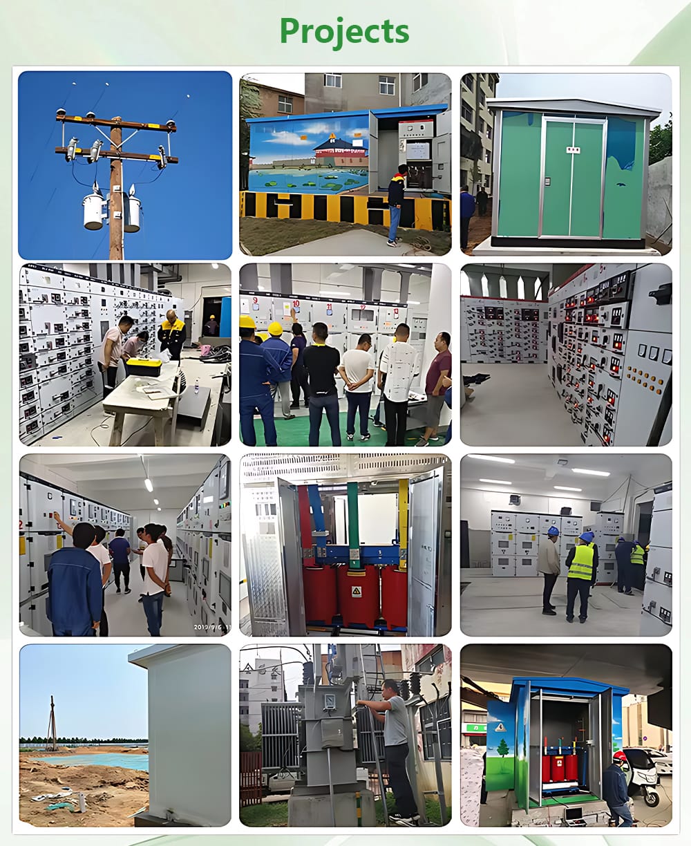 A collage of real-world project case photos featuring the 1250KVA European Box Type Substation and oil-immersed transformers in operation.