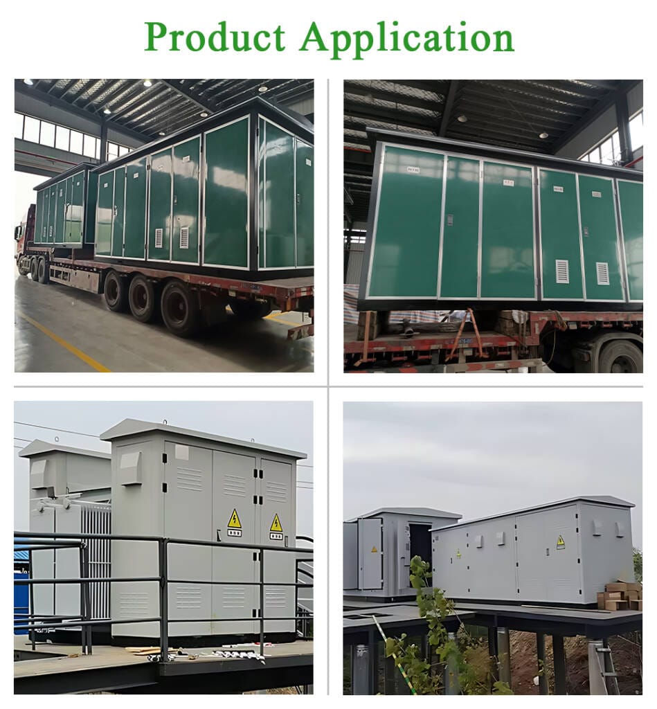 Collage of installed 1600KVA European Box Type Substations at various sites like residential areas, factories, and commercial buildings.