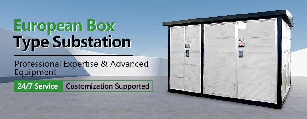 Professional front-view image of a 400KVA European Box Type Substation, highlighting its compact, robust, and weather-proof enclosure design.