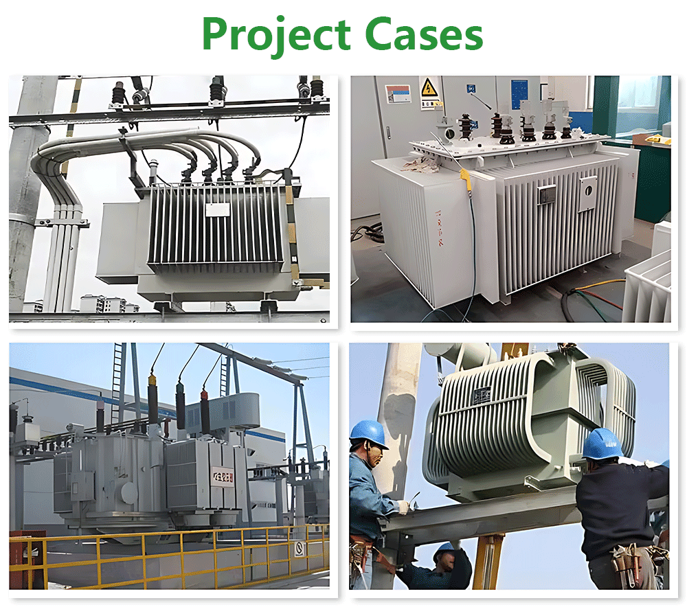 A collage of photos showing successful installations of our 800KVA oil immersed transformers in various international project sites