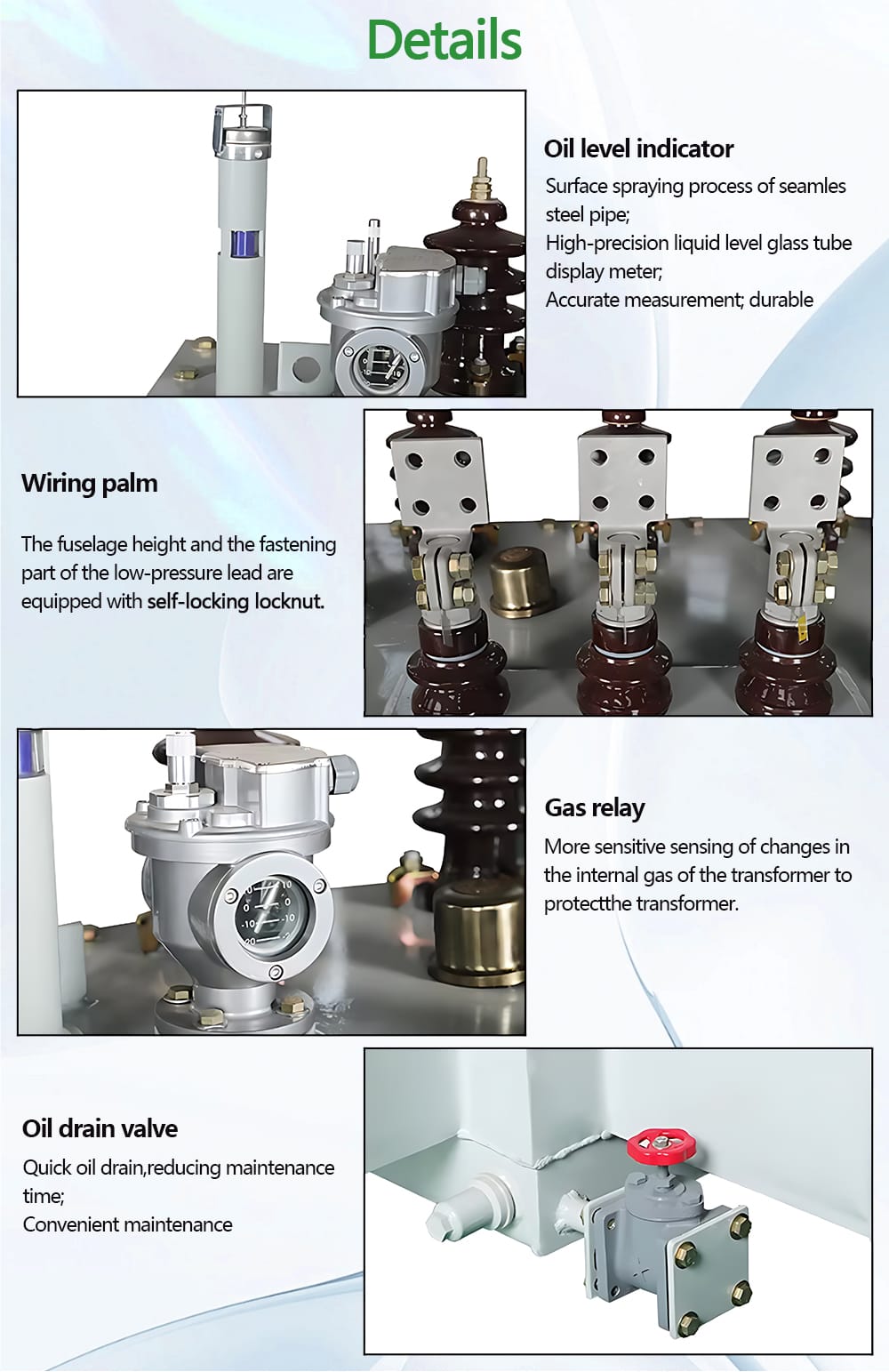 Close-up views of key components like the oil level indicator and gas relay on a 200KVA oil immersed transformer.