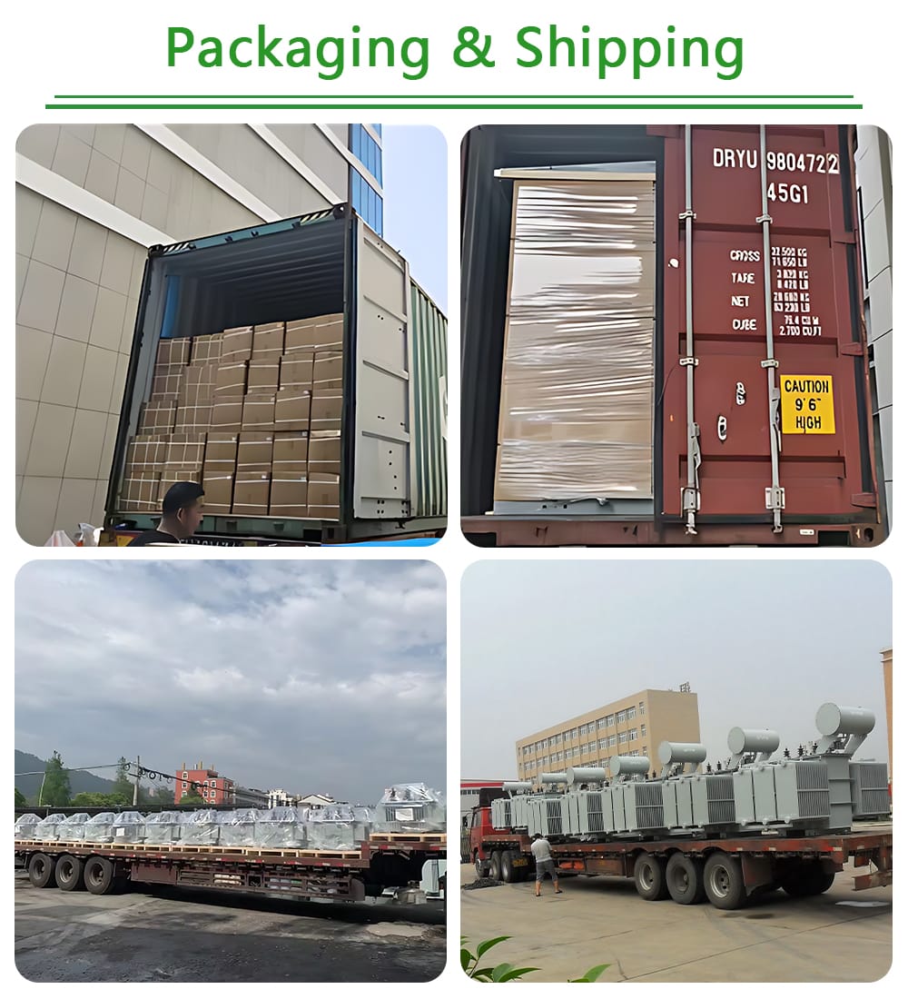 Collage showing the robust packaging and shipping process for the 50KVA oil immersed transformer.
