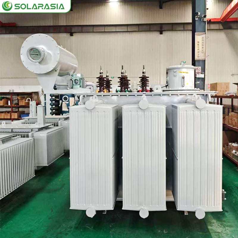 Warehouse area with completed S13 Series oil immersed transformers awaiting inspection and shipment.