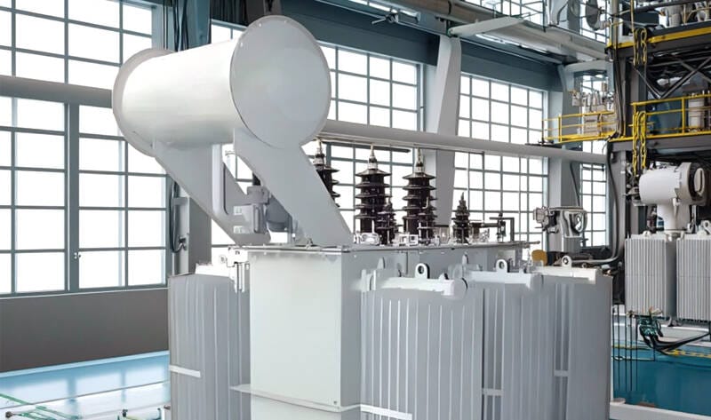 Technicians performing coil winding for S13 Series oil type transformers inside the factory workshop.