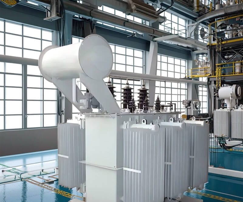 Technicians performing coil winding for S13 Series oil type transformers inside the factory workshop.