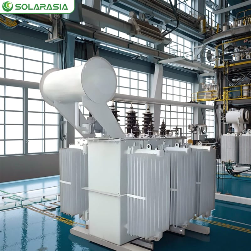 Technicians performing coil winding for S13 Series oil type transformers inside the factory workshop.