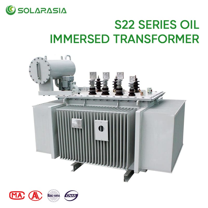 Certification documents for the S22 Series oil immersed transformer, including ISO and IEC compliance marks.