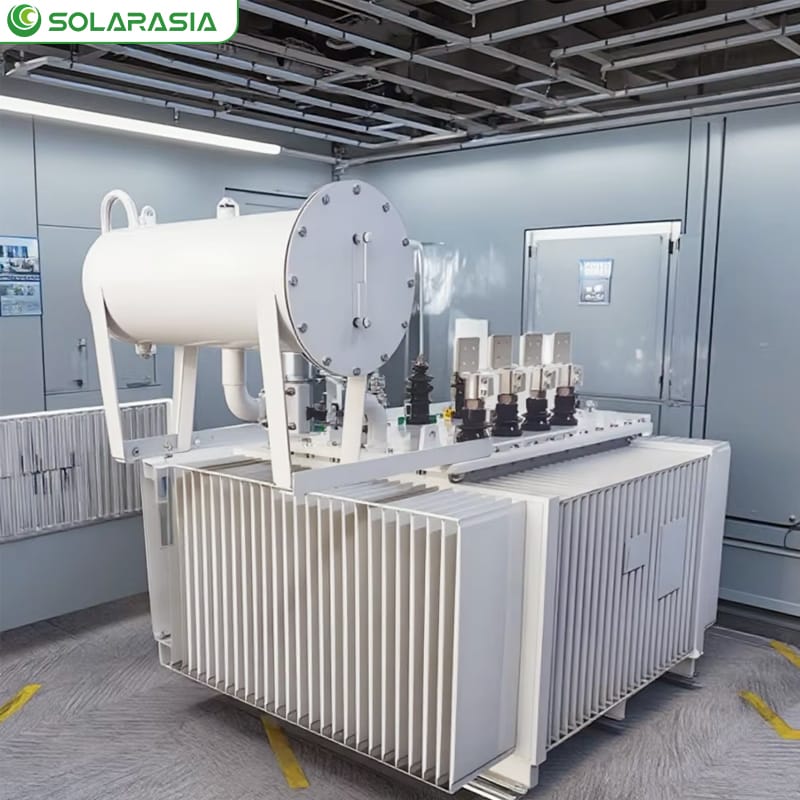 Factory production area showing assembly and testing of S13 Series oil immersed transformers.