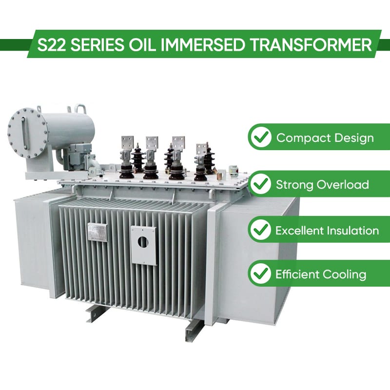 Feature graphic illustrating the S22 Series transformer advantages: compact design, strong overload capability, excellent insulation, and efficient cooling.