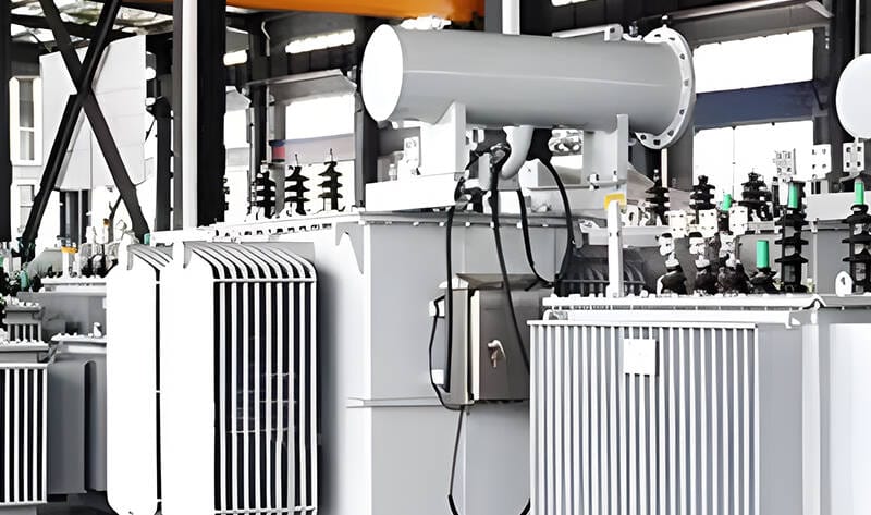 Engineers testing and assembling 63KVA oil immersed transformers at manufacturing plant