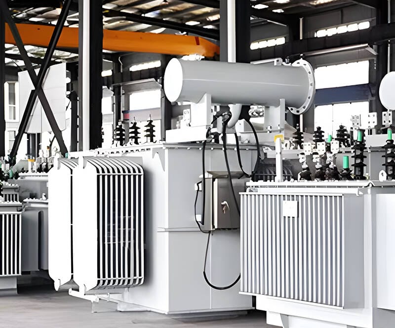 Engineers testing and assembling 63KVA oil immersed transformers at manufacturing plant