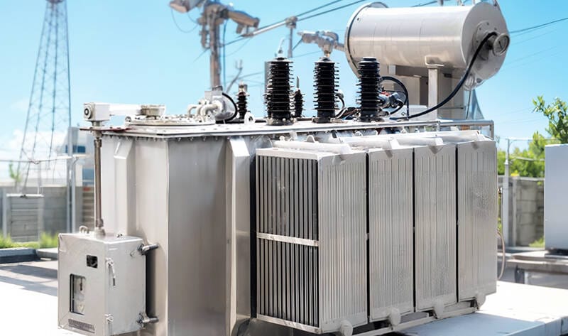 Oil immersed 250KVA transformer installed in a commercial power distribution area.