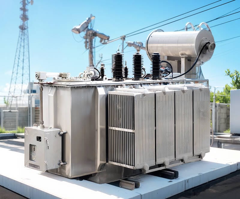 Oil immersed 250KVA transformer installed in a commercial power distribution area.