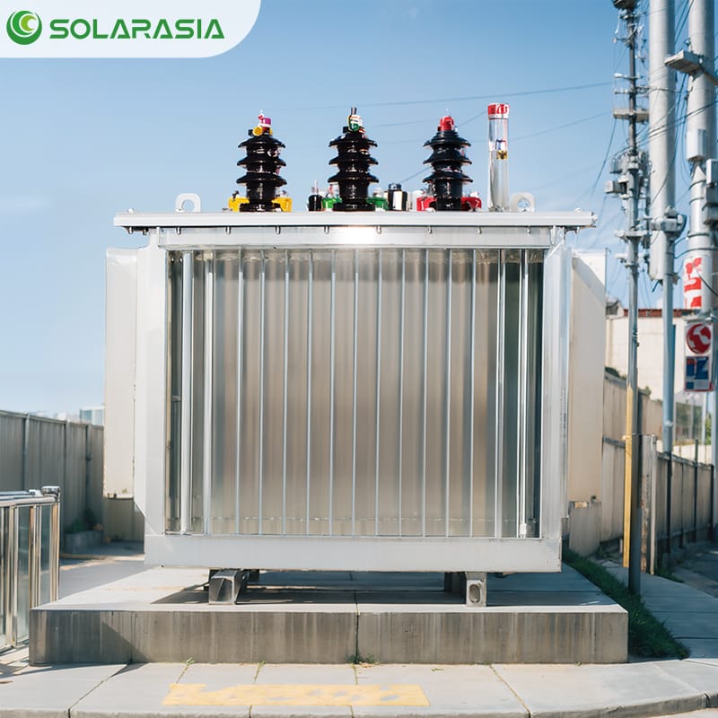 250KVA oil filled transformer in an industrial site powering heavy machinery.