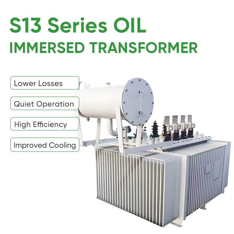 Feature display of the S13 Series transformer highlighting lower losses, quiet operation, high efficiency and improved cooling performance.