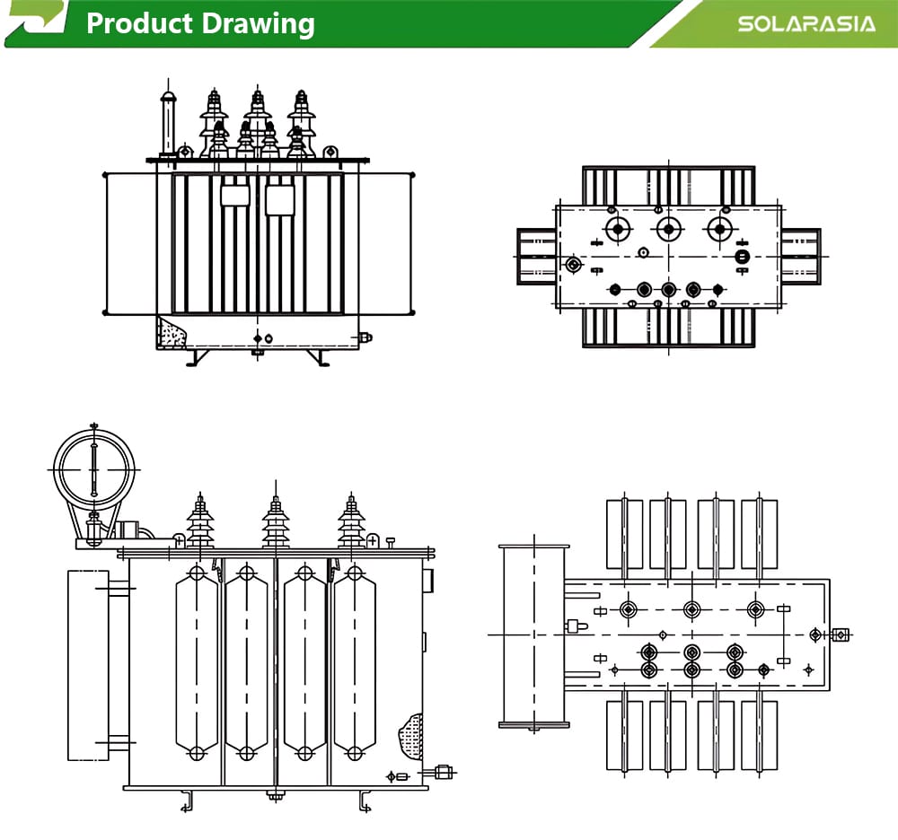Technical outline drawing of a 250KVA oil immersed three phase transformer.