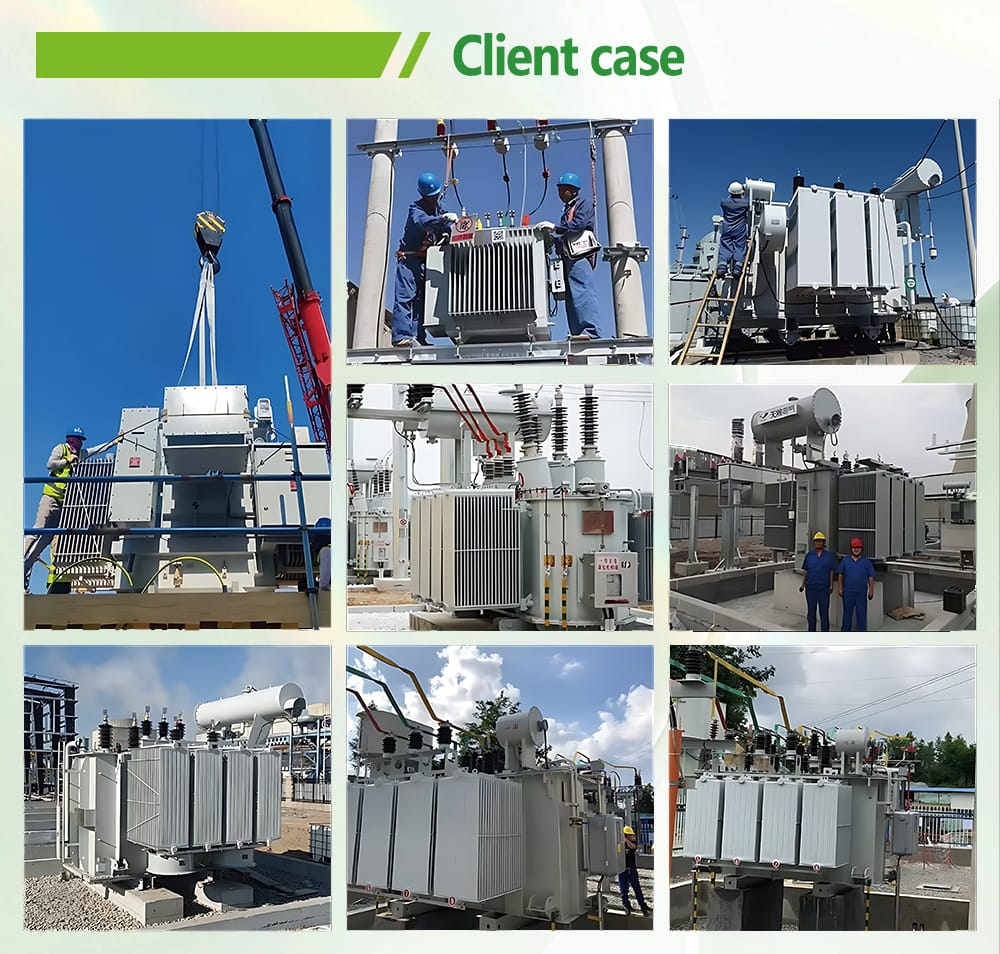 Installation case images showing the 80KVA oil immersed transformer operating in various client project sites