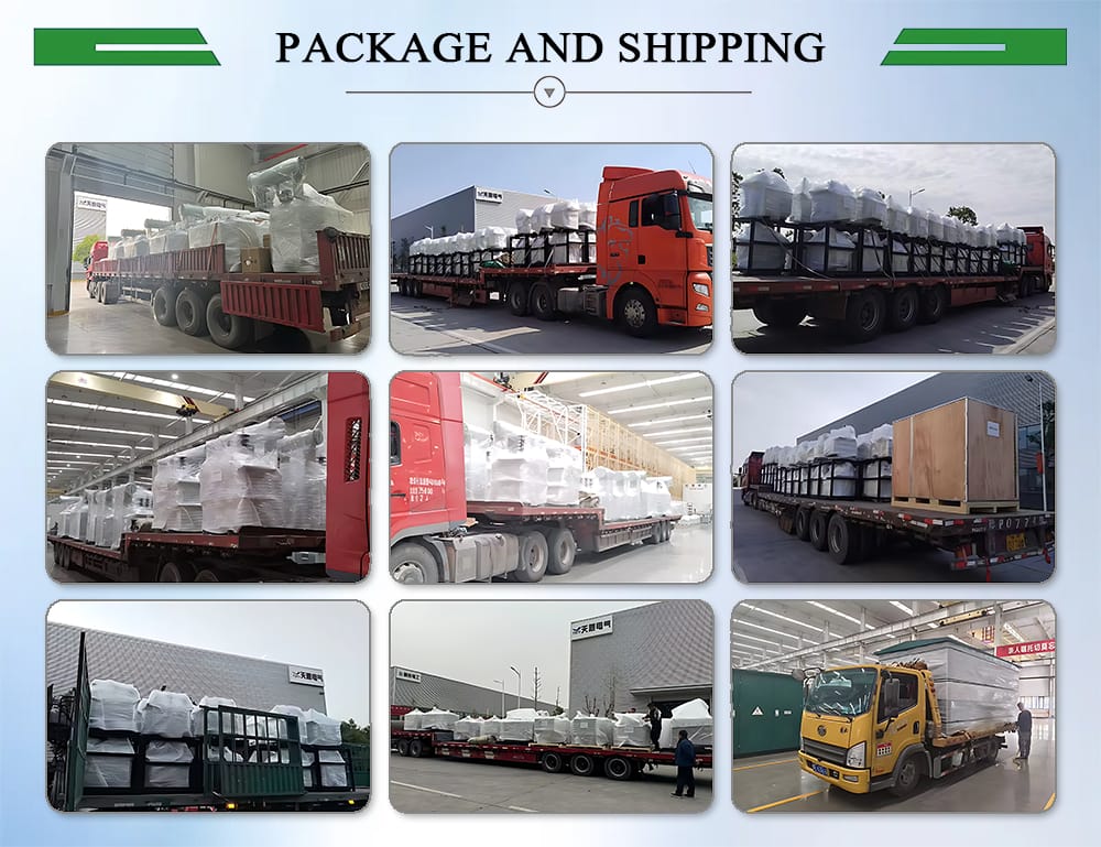 Packaging and transportation photos showing a 315KVA oil transformer secured on pallets with protective wrapping.