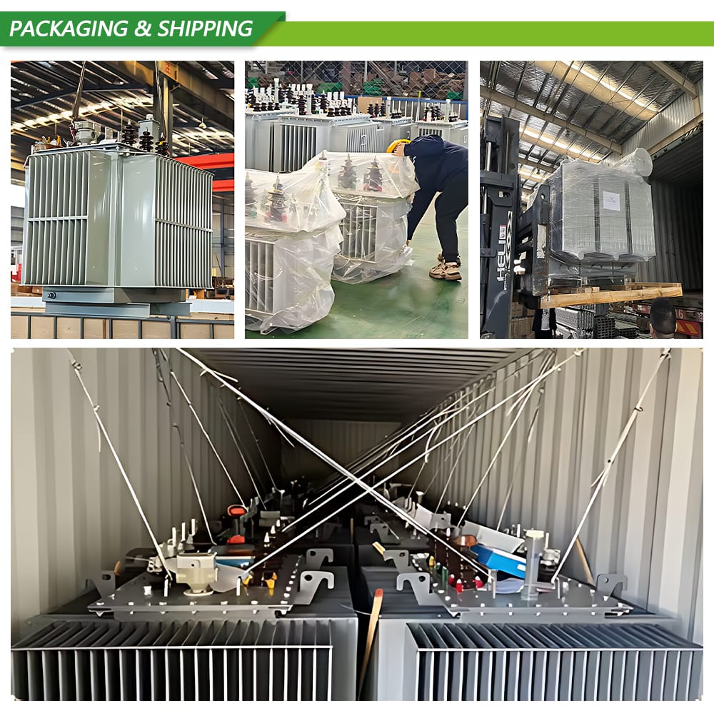 Collage showing packaging, wooden crates, transport process, and pole-mounted application of the S13 Series transformer.