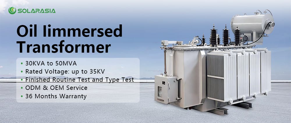 Main product display showing a three phase transformer rated 30KVA to 50MVA with up to 35kV voltage level and completed routine and type tests.