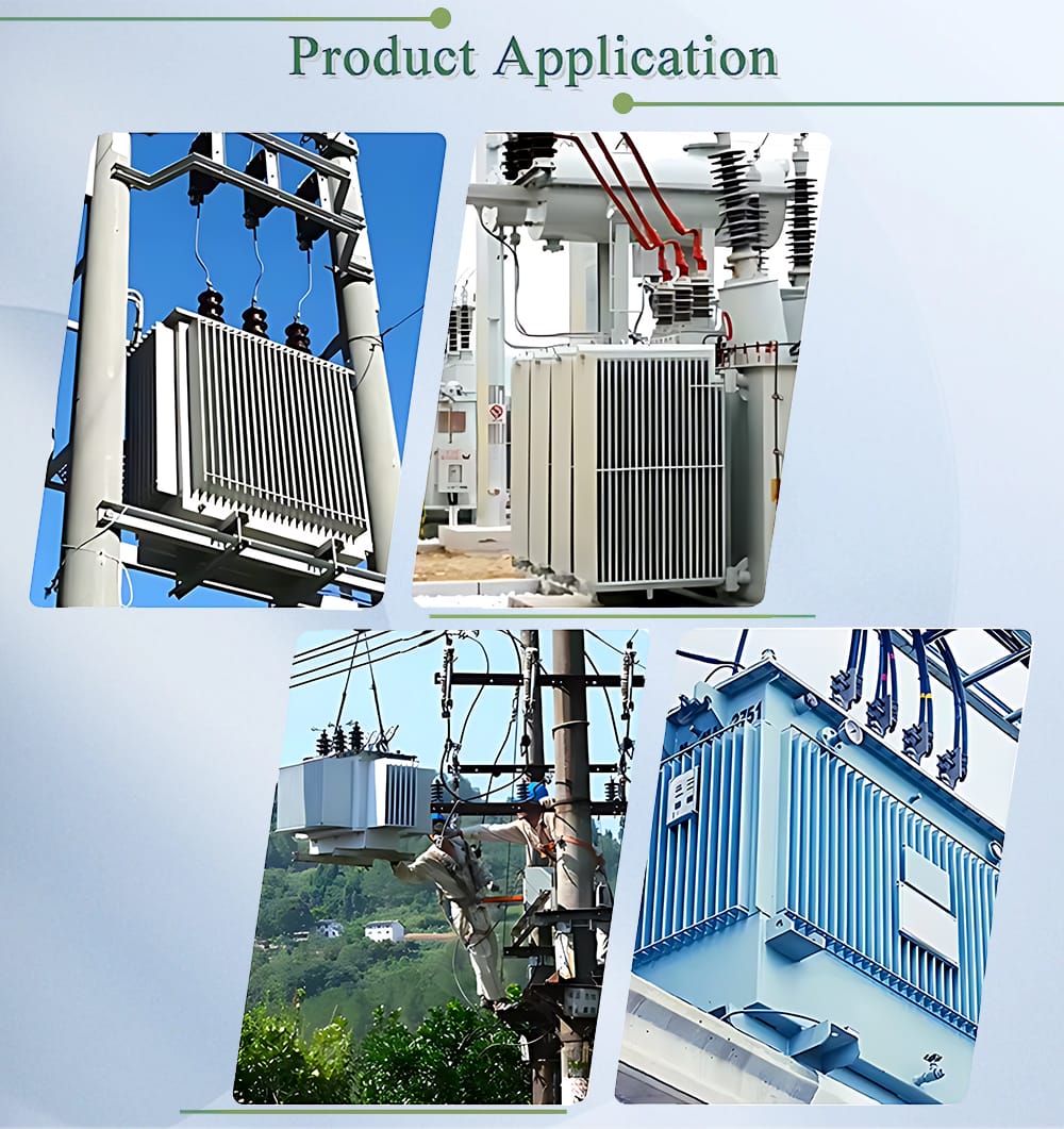 Collage showing real application sites of the S22 Series oil-filled three phase transformer.