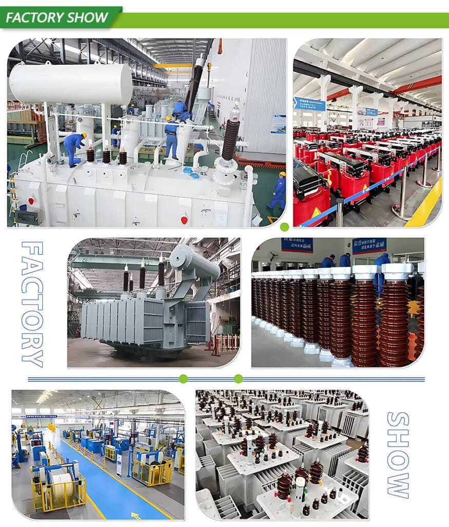 Factory collage showing production, assembly, winding, and testing areas for S13 Series oil immersed transformers.