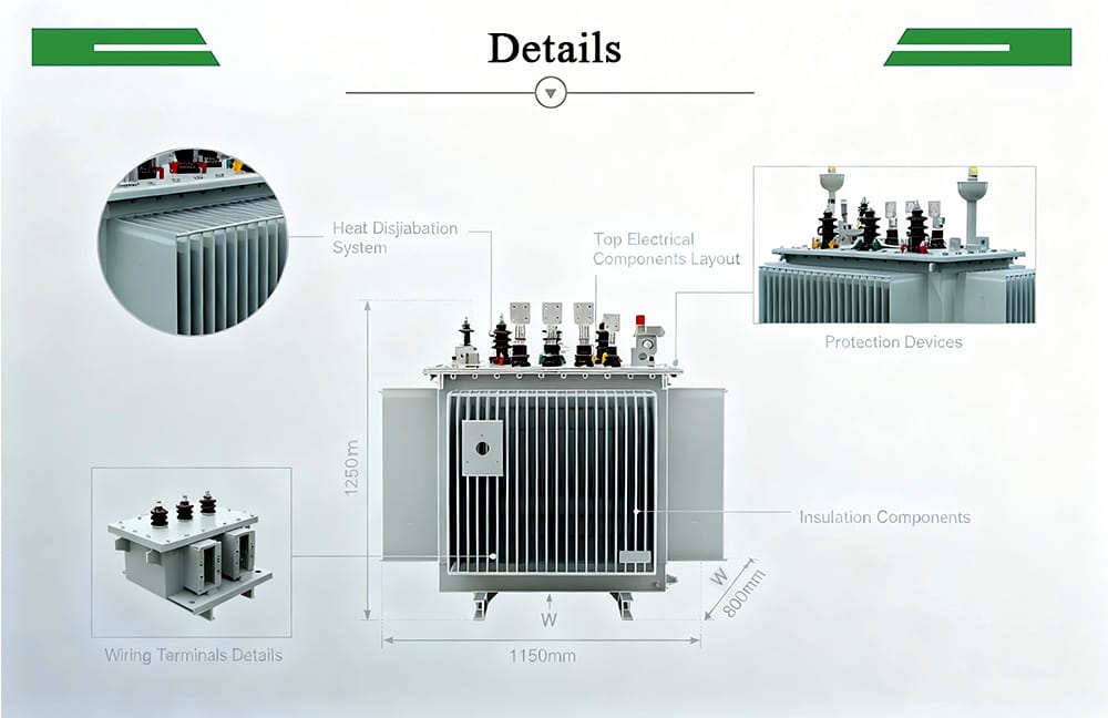 Detailed view of the transformer 315kVA showing heat dissipation system, electrical layout, terminals, insulation components, and protection devices.