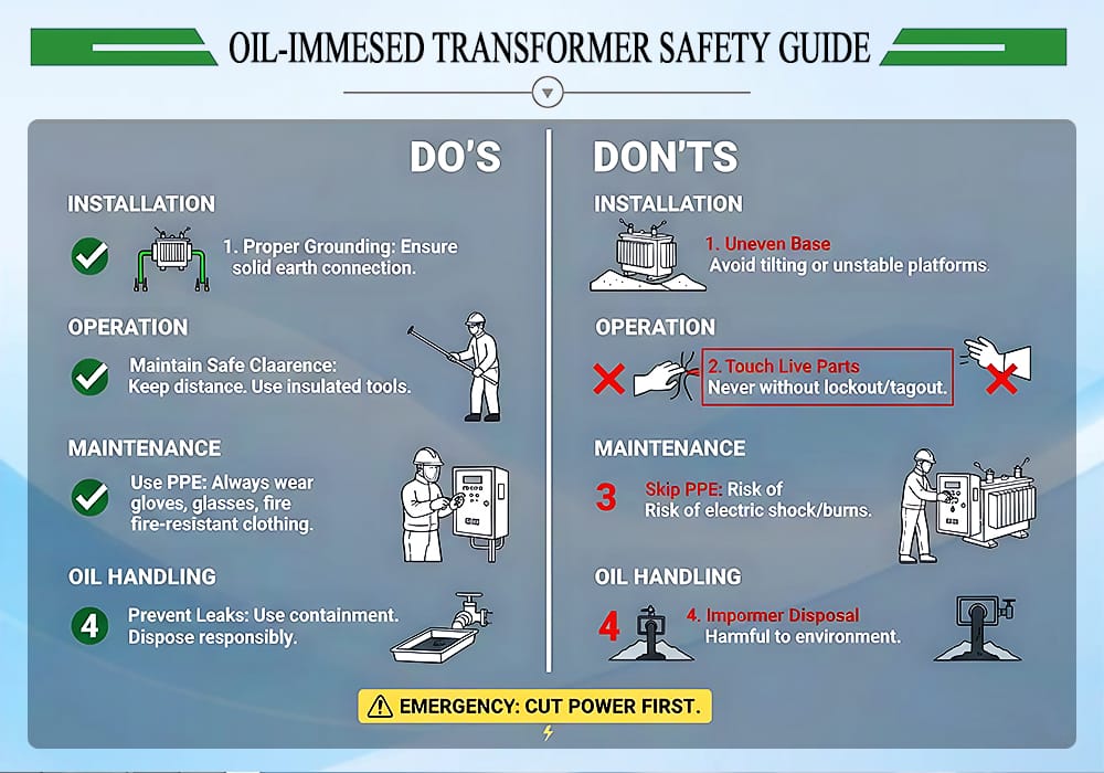 Safety guide showing do’s and don’ts for installing, operating, maintaining, and handling oil in a 315KVA oil immersed transformer.
