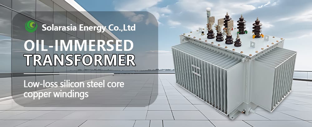 Main product image showing a 315KVA oil immersed transformer with low-loss silicon steel core and copper windings.