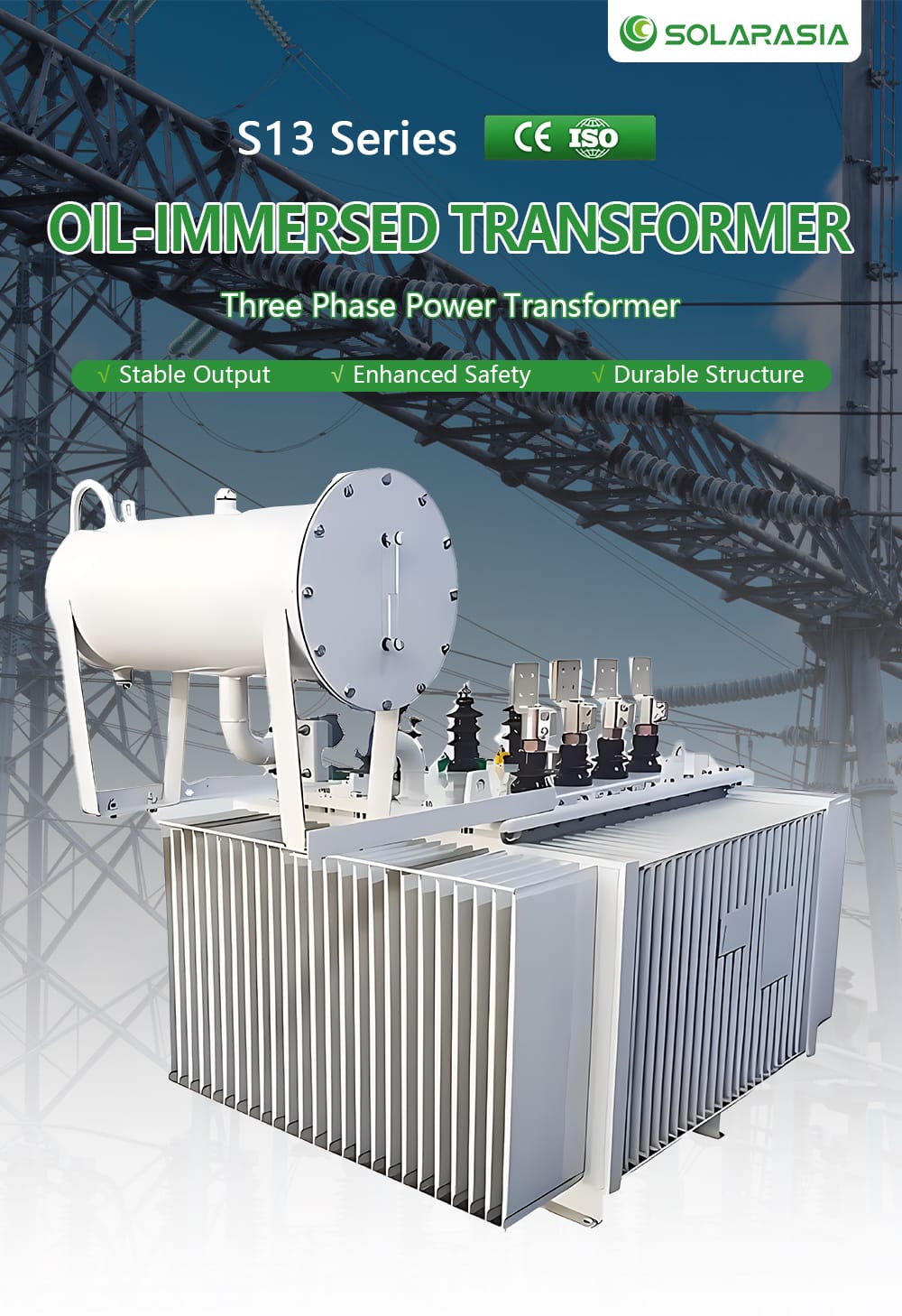 Main display of a Three Phase S13 Series oil immersed transformer featuring stable output, enhanced safety, and a durable structure.
