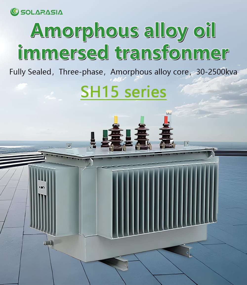 Front and angled view of SH15 M Series oil immersed transformer with fully sealed tank and amorphous alloy core.