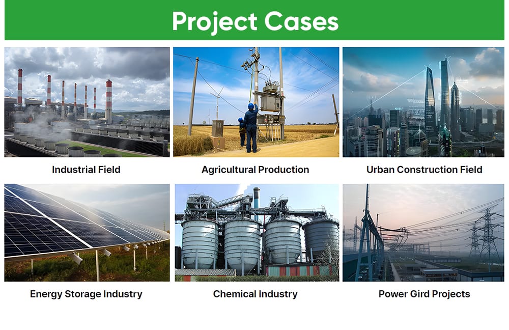 Project collage showing SCB11 160KVA dry transformers used in industrial fields, energy storage systems, agriculture, chemical industry, urban construction, and power grid projects.