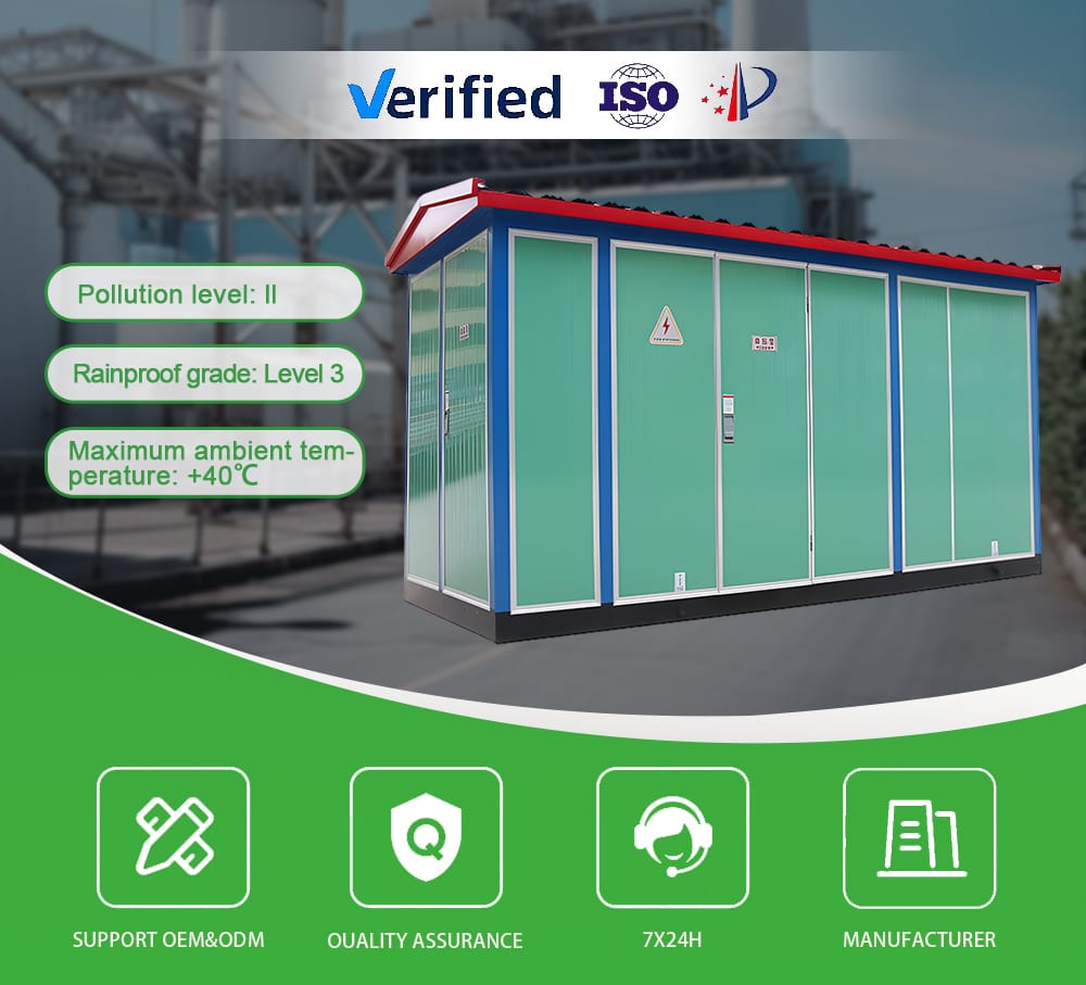 Main product image of the 30-1600KVA Prefabricated Substation showing pollution level II, rainproof grade 3, OEM & ODM support, and 24/7 manufacturer service.