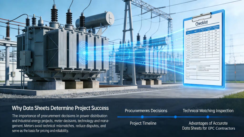 Illustration showing a transformer datasheet as a critical tool for project success in power distribution.