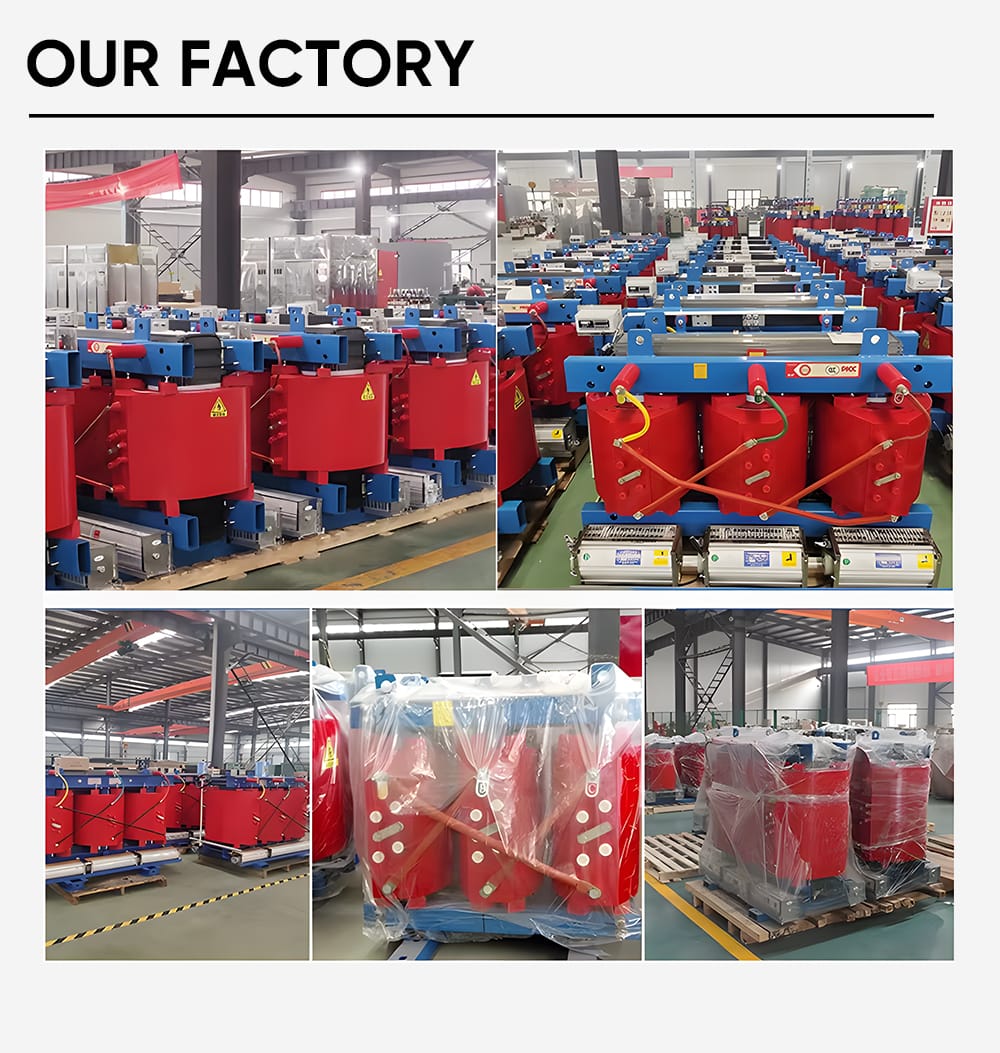 Collage of factory photos showing SCB11 DRY type transformer production, assembly, resin casting, core processing, and testing areas.
